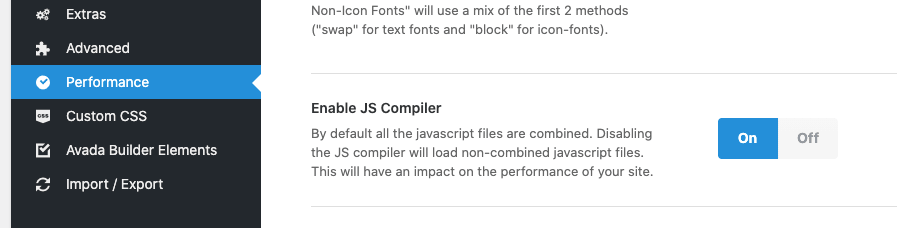 The "Enable JS Compiler" section under "Performance"