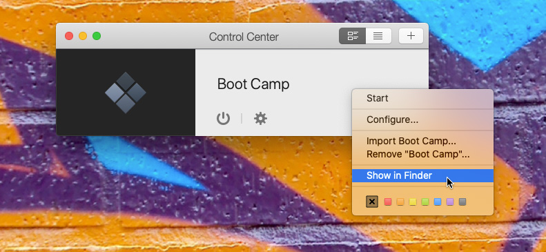 Right-click in Control Center to select "Show in Finder"