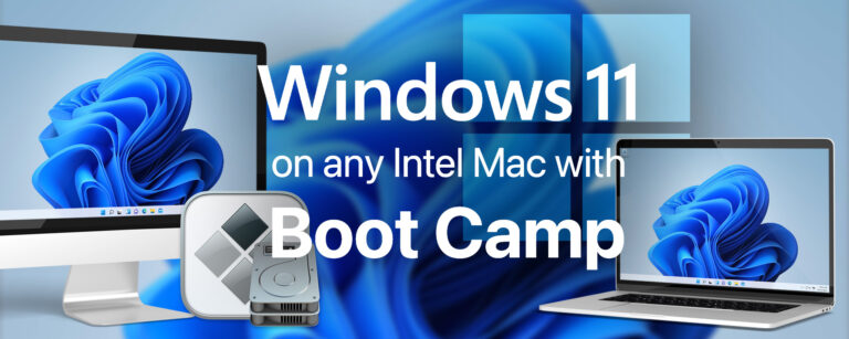 A graphic of an iMac and MacBook Pro with the Windows 11 logo